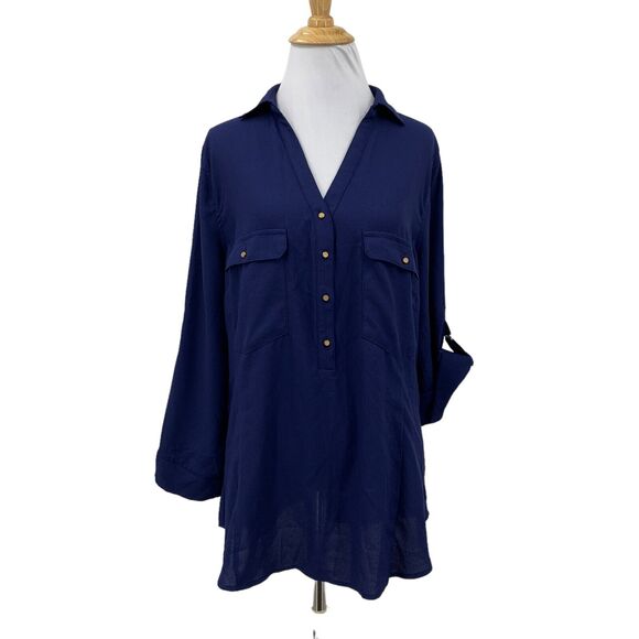 Skies Are Blue Collar Shirt Women M Medium Navy Tab Sleeve Half Button Oversized - Picture 1 of 14